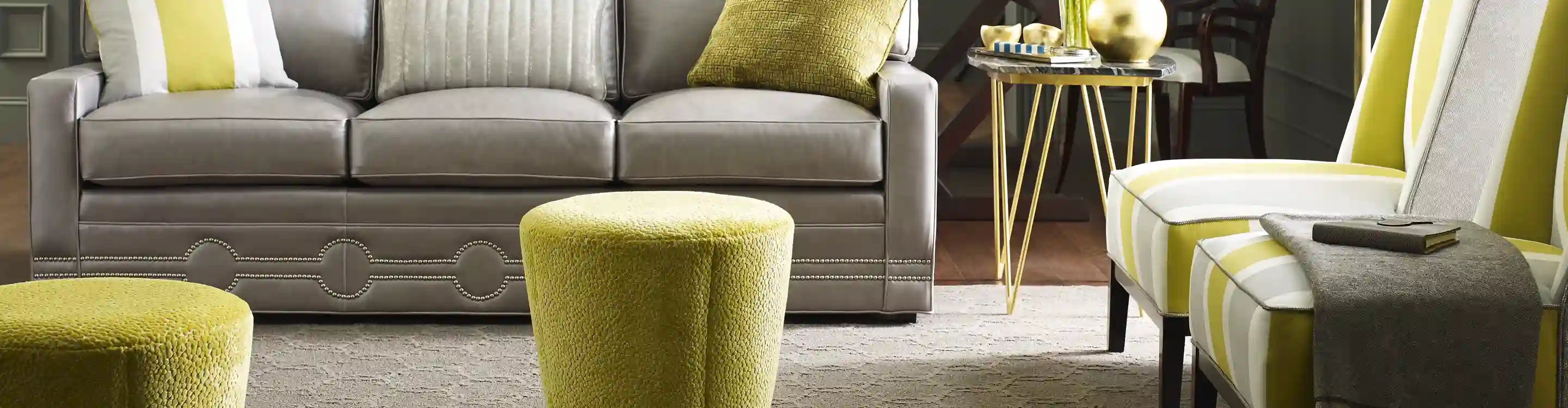 Grey sofa in living room with tan area rug over hardwood floors