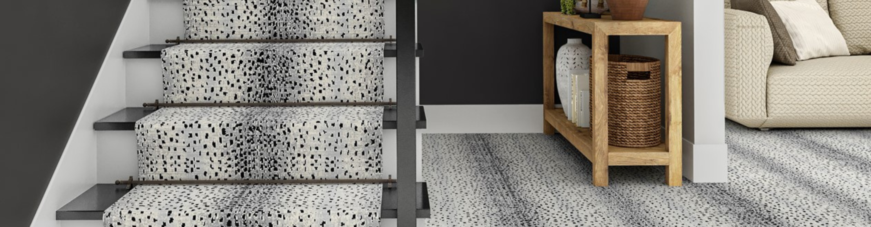 Black and white animal printed stair runner in an entryway