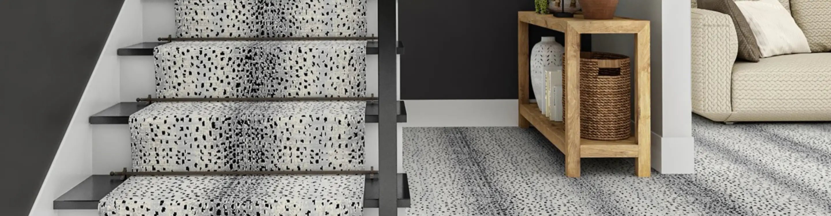 Black and white animal printed stair runner in an entryway