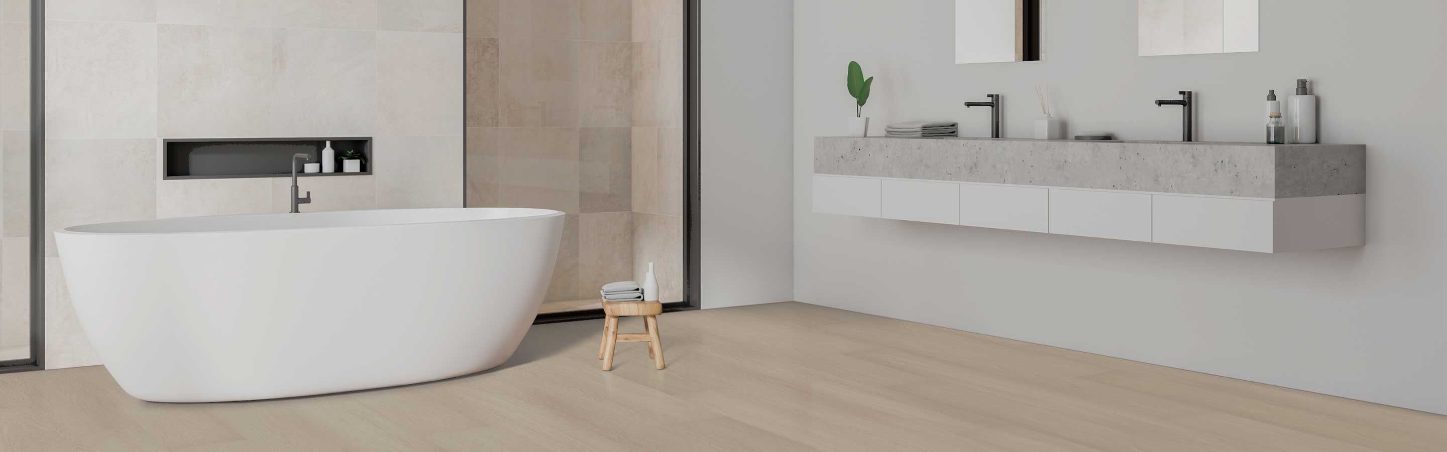 modern bathroom design with wood look flooring
